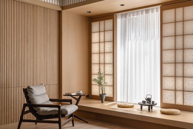 獲獎設計紀錄：透天住宅客廳室內攝影，展現日光在木質牆面停留的時間痕跡與視覺節奏| 易構設計